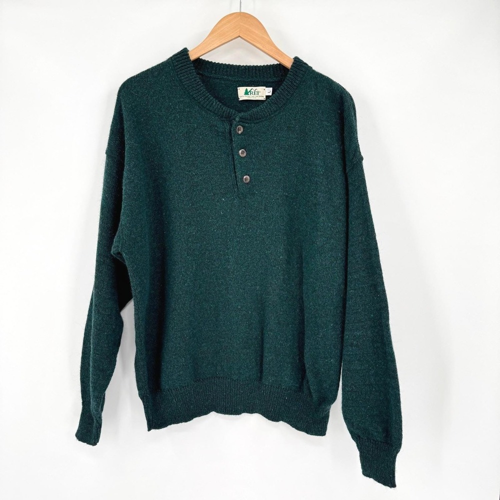 REI Dark‎ Forest Green Vtg 90s Long Sleeve Henley Wool Sweater Men's L